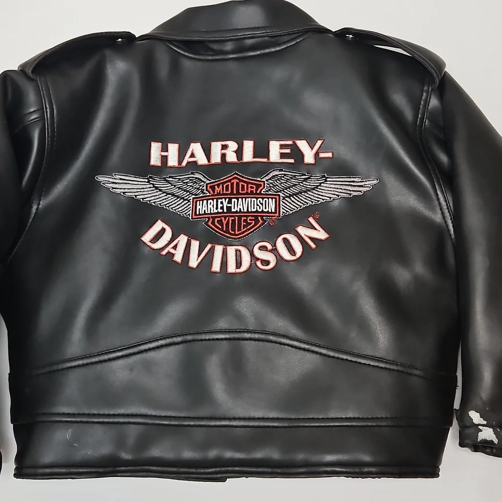 Harley Davidson Kids Black Faux Leather Jacket, Quilted Inside. Size 4